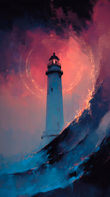 A pale lighthouse standing firm against turbulent, dark blue waves crested with fiery orange embers. A massive, sparkling golden ring halos the lighthouse in a stormy sky.