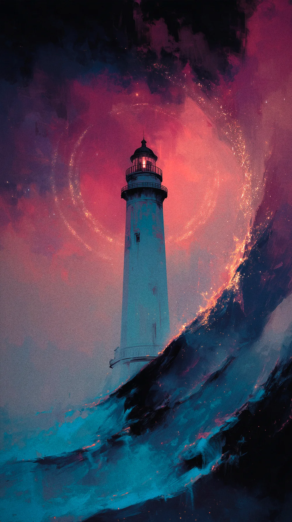 A pale lighthouse standing firm against turbulent, dark blue waves crested with fiery orange embers. A massive, sparkling golden ring halos the lighthouse in a stormy sky.