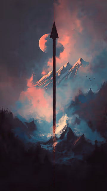 A dark, vertical spear pointing directly toward a glowing red moon. Snow-capped mountains and silhouetted evergreen trees emerge from rolling blue and pink mist in the background.