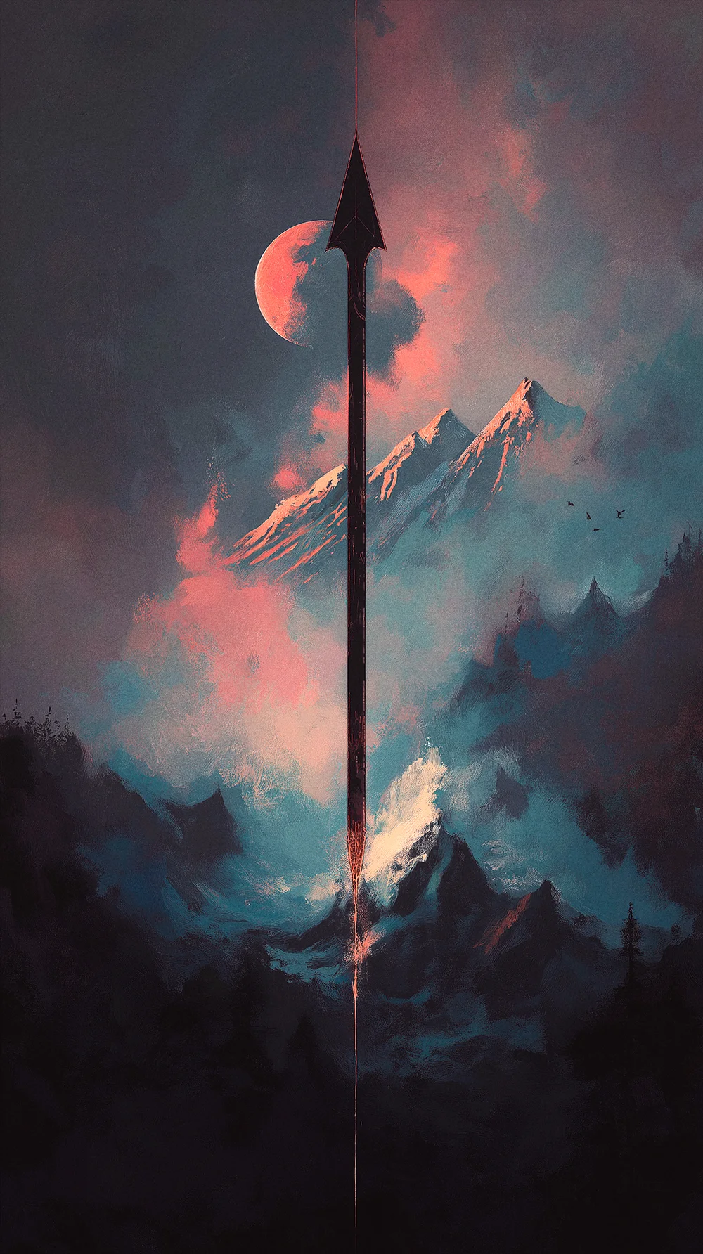 A dark, vertical spear pointing directly toward a glowing red moon. Snow-capped mountains and silhouetted evergreen trees emerge from rolling blue and pink mist in the background.