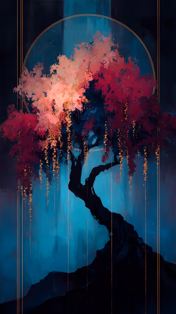 A dark, twisting tree trunk against a deep teal background with a vibrant canopy of pink and magenta foliage. Glowing golden strings and light particles cascade from the leaves.