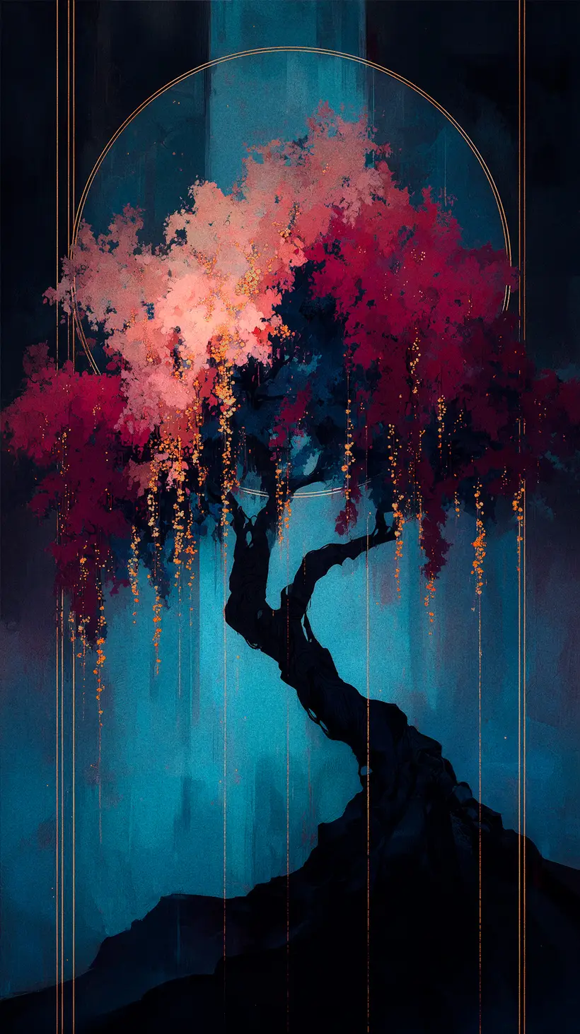 A dark, twisting tree trunk against a deep teal background with a vibrant canopy of pink and magenta foliage. Glowing golden strings and light particles cascade from the leaves.