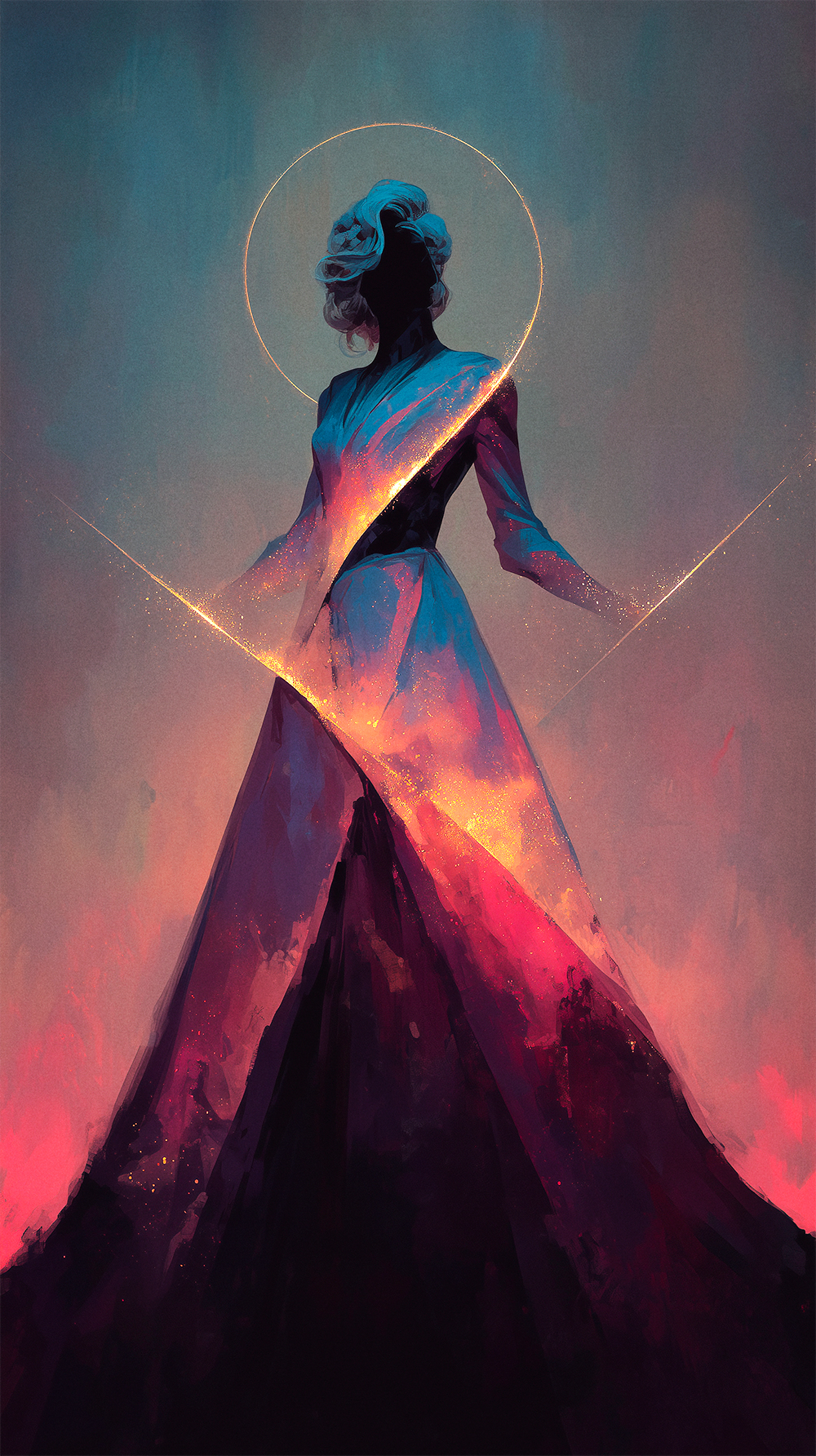 Silhouette of a woman in a gown, bisected diagonally by a glowing golden slash. The opening reveals a fiery, sparkling cosmic interior contrasting with her dark form.