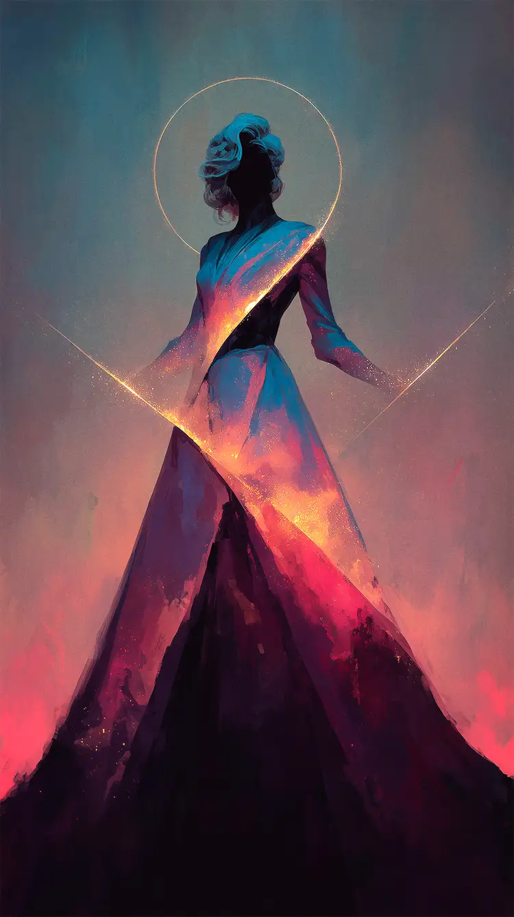 Silhouette of a woman in a gown, bisected diagonally by a glowing golden slash. The opening reveals a fiery, sparkling cosmic interior contrasting with her dark form.