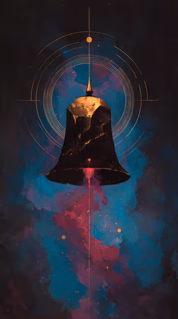 Digital illustration of a dark bell framed by delicate golden geometric rings. A vibrant pink nebula flows beneath the steadfast bell.