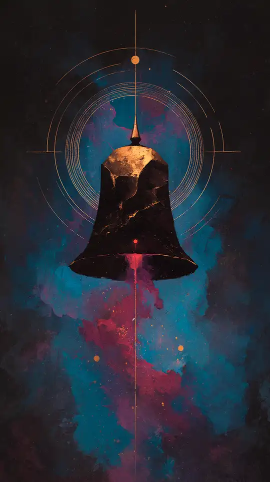 Digital illustration of a dark bell framed by delicate golden geometric rings. A vibrant pink nebula flows beneath the steadfast bell.
