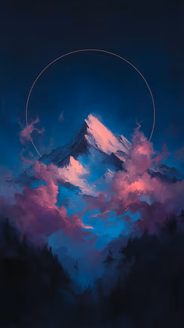 Artistic representation of a majestic mountain peak glowing pink. A delicate golden halo and vibrant purple clouds frame the summit.
