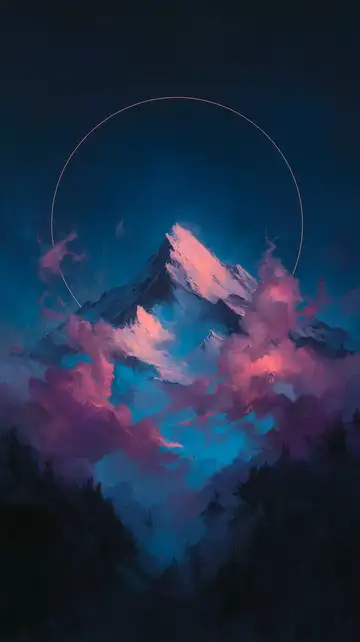 Artistic representation of a majestic mountain peak glowing pink. A delicate golden halo and vibrant purple clouds frame the summit.