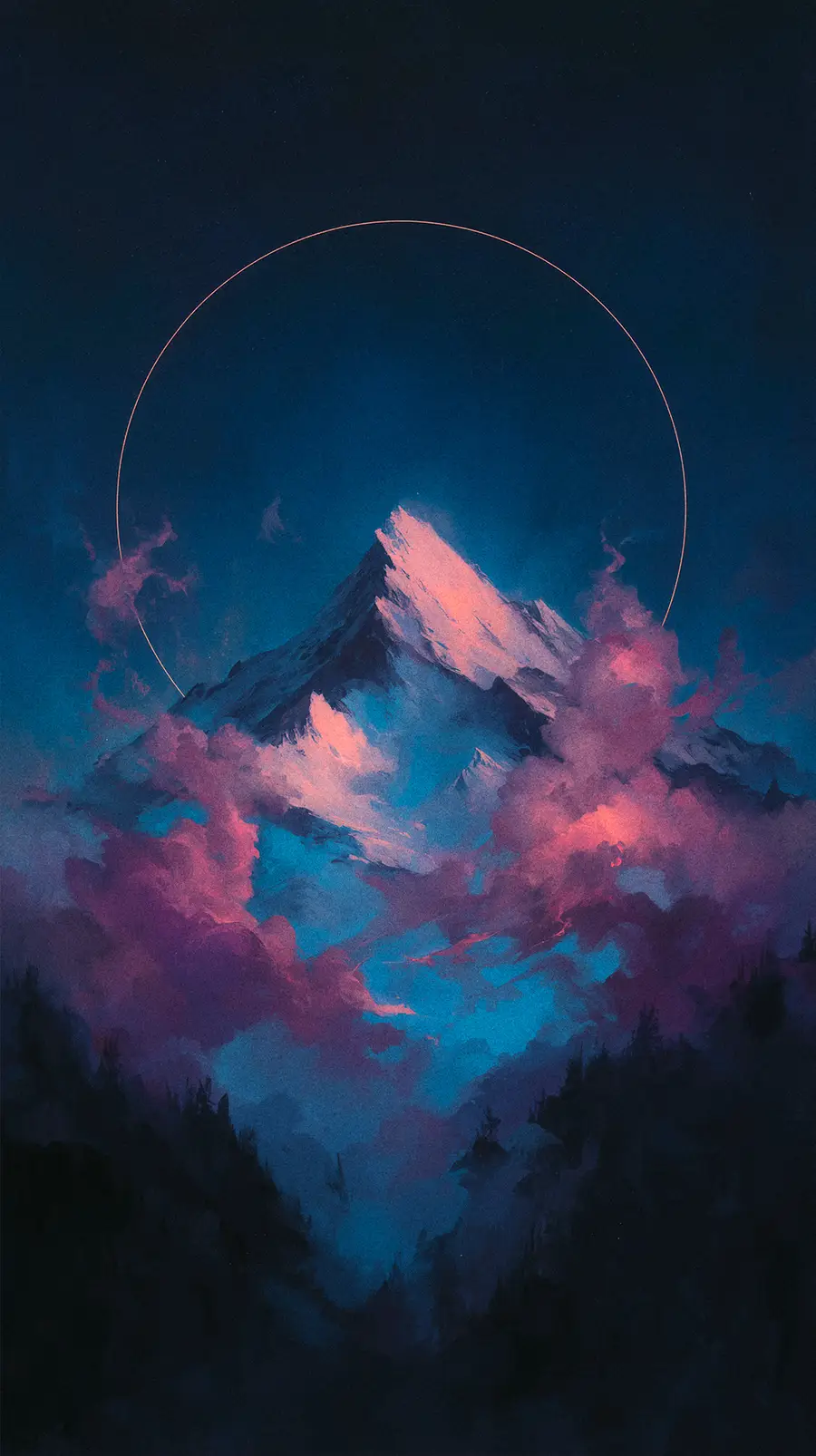 Artistic representation of a majestic mountain peak glowing pink. A delicate golden halo and vibrant purple clouds frame the summit.