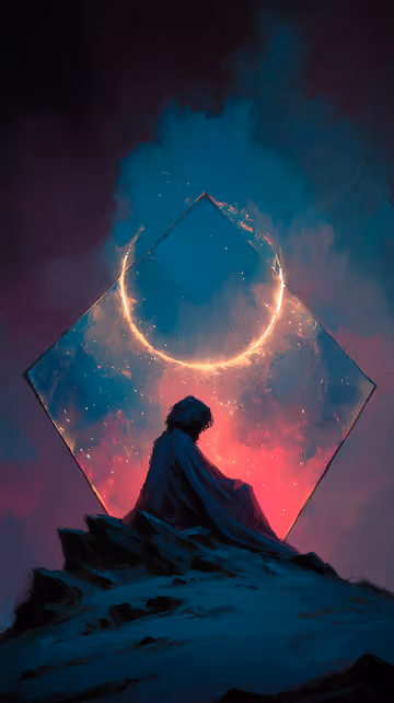 Conceptual art of a silhouetted figure sitting on a rocky crag before a glowing ring framed within a tilted diamond against a cosmic sky.