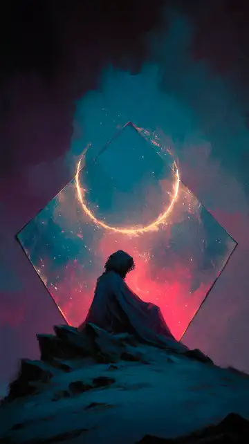 Conceptual art of a silhouetted figure sitting on a rocky crag before a glowing ring framed within a tilted diamond against a cosmic sky.
