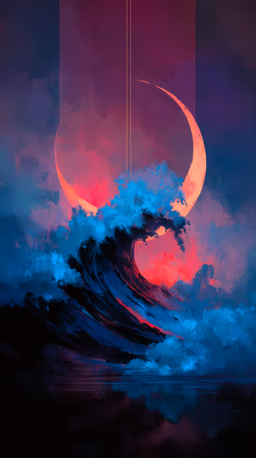 Abstract painting of a powerful, crashing dark blue wave against a vibrant magenta sky. A glowing crescent moon hangs above.