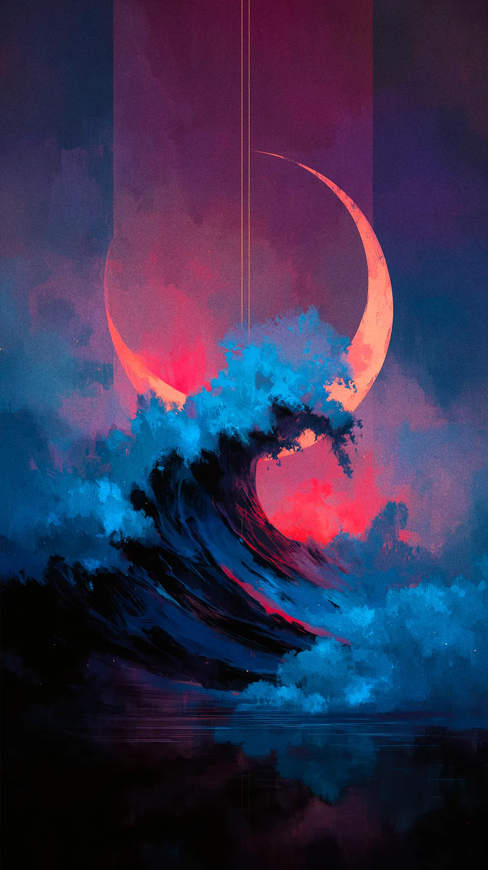 Abstract painting of a powerful, crashing dark blue wave against a vibrant magenta sky. A glowing crescent moon hangs above.