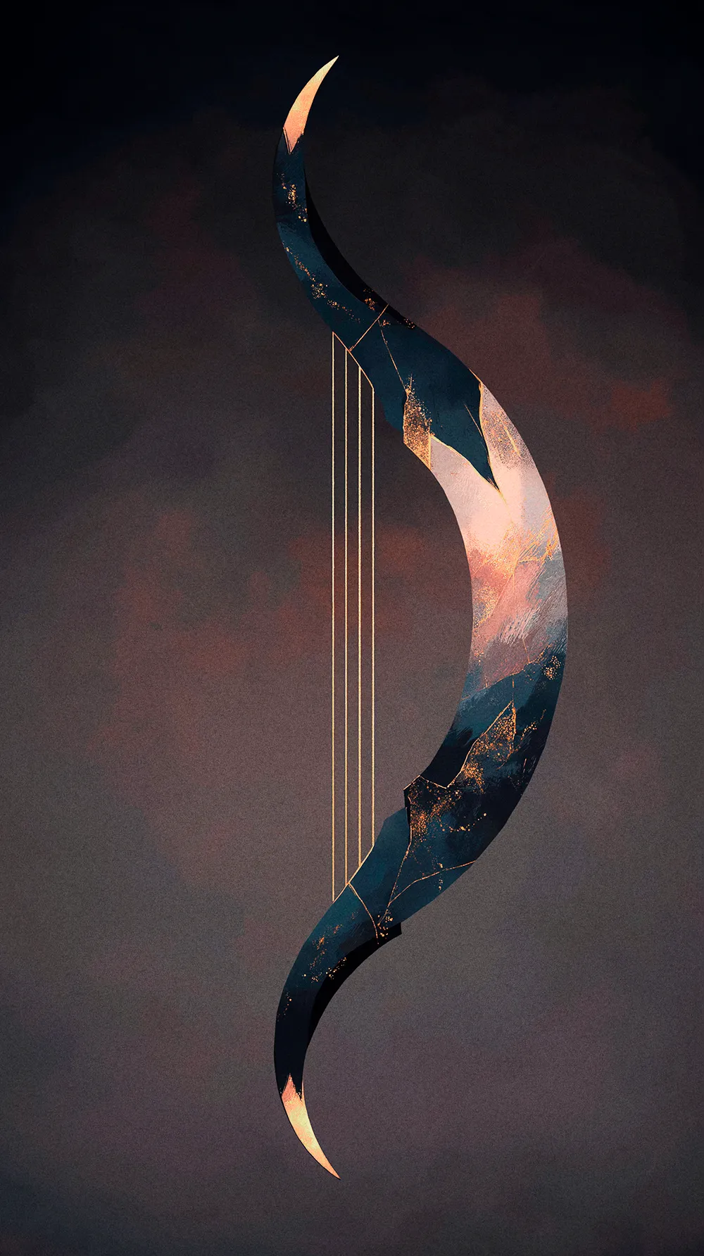Conceptual art of a vertical, dark crystal bow with delicate golden strings against a warm, textured background emphasising balance.