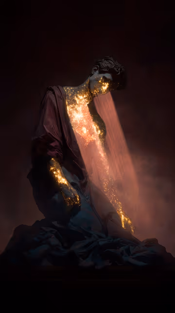 Digital artwork of a kneeling classical statue radiating warm, starry light from its chest and arms, symbolising deep empathy and shared suffering.