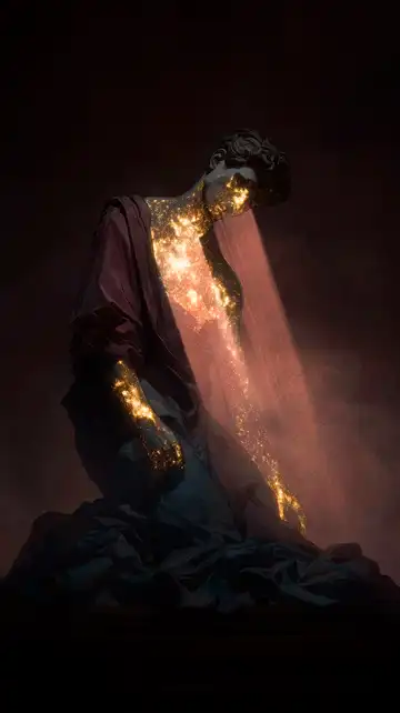 Digital artwork of a kneeling classical statue radiating warm, starry light from its chest and arms, symbolising deep empathy and shared suffering.