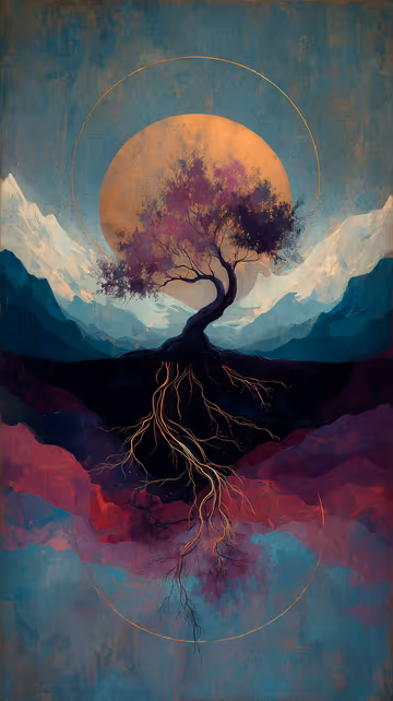 Conceptual digital art of a tree with deep, glowing golden roots beneath a large sun and mountains, perfectly contained in a circle to symbolise hidden interconnection.