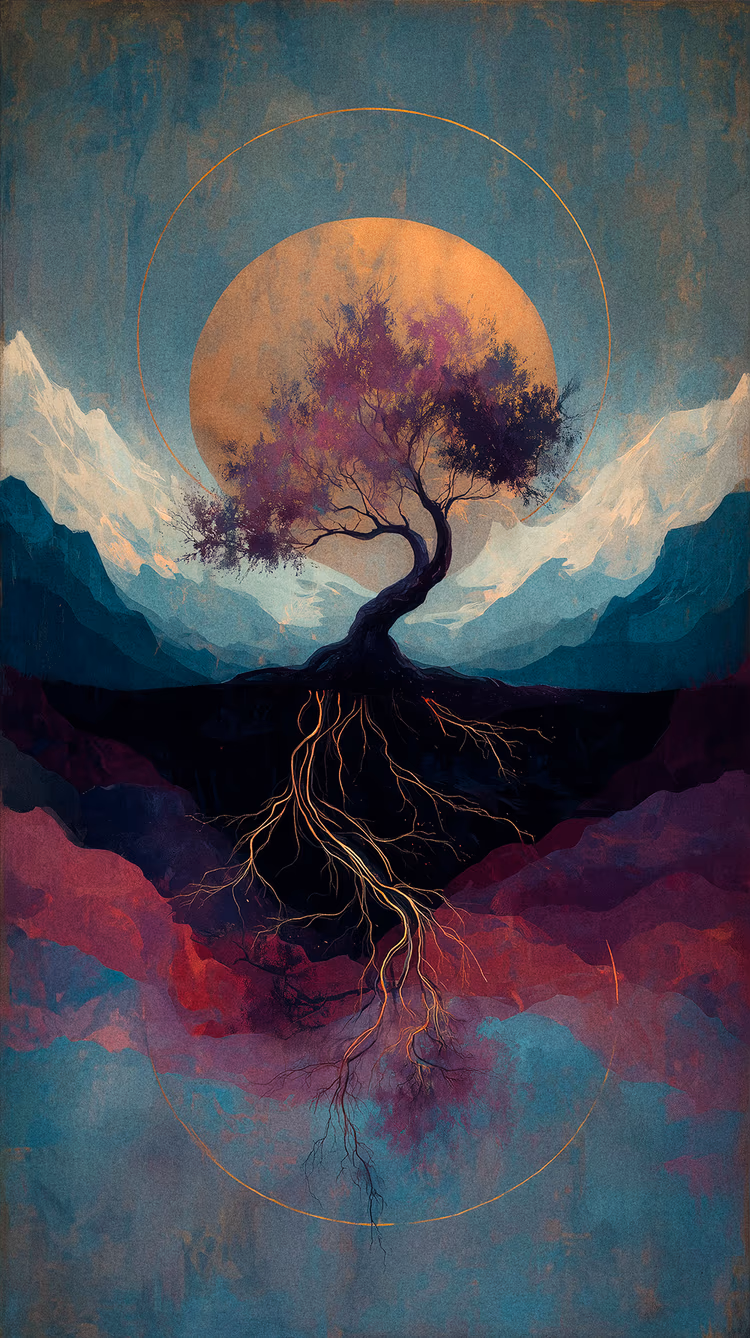 Conceptual digital art of a tree with deep, glowing golden roots beneath a large sun and mountains, perfectly contained in a circle to symbolise hidden interconnection.