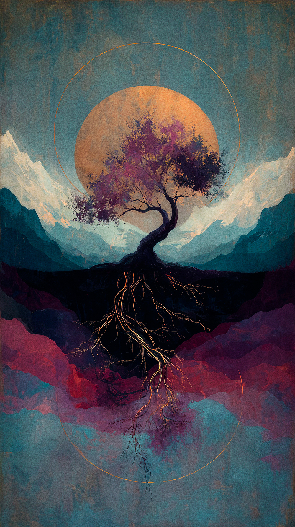 Conceptual digital art of a tree with deep, glowing golden roots beneath a large sun and mountains, perfectly contained in a circle to symbolise hidden interconnection.