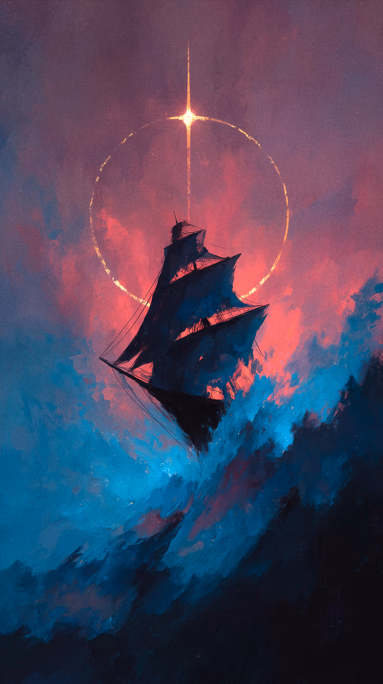 Artistic illustration of a dark ship navigating turbulent blue waves beneath a glowing golden star and pink sky, depicting steadfast loyalty to principle.
