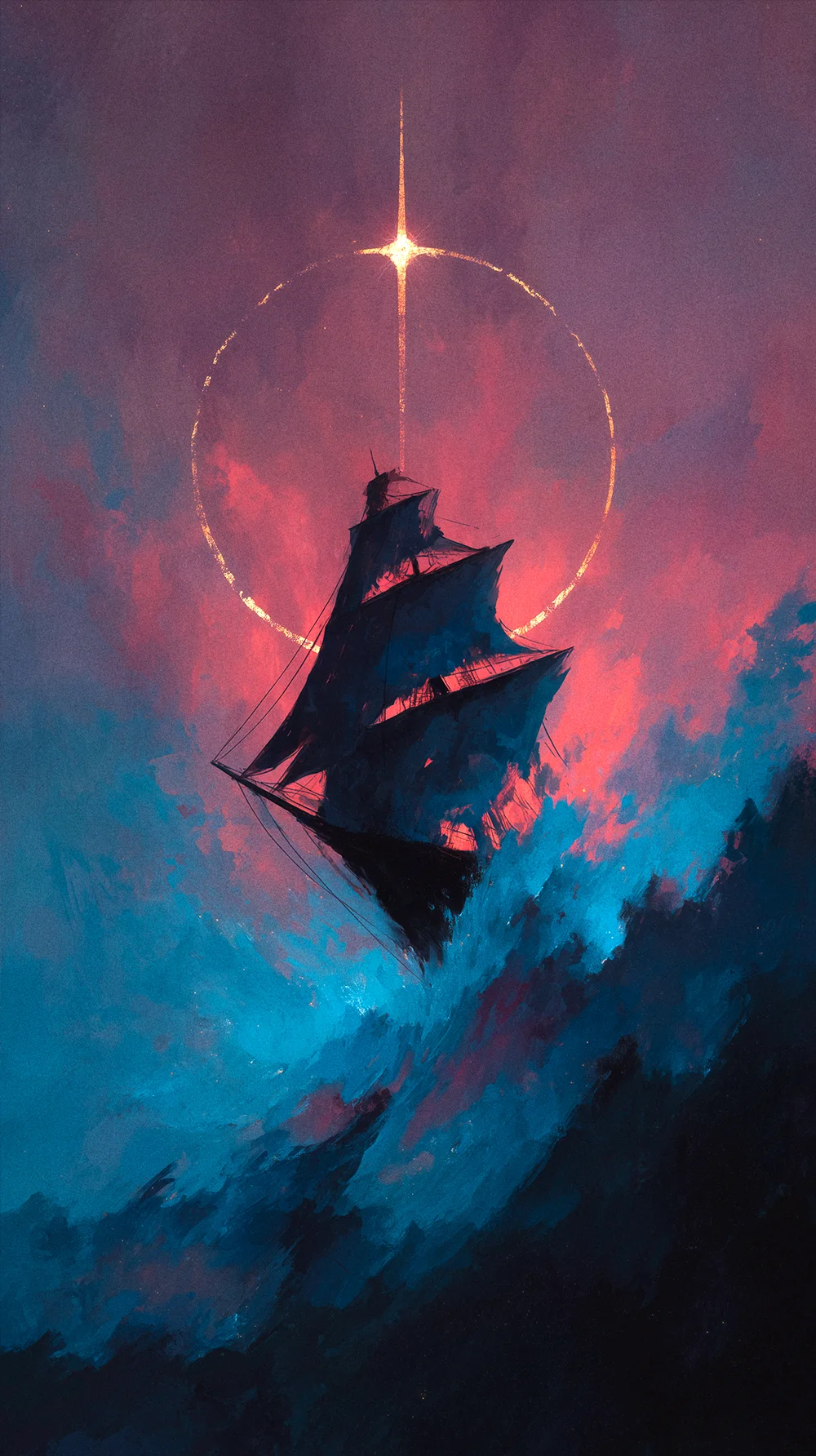 Artistic illustration of a dark ship navigating turbulent blue waves beneath a glowing golden star and pink sky, depicting steadfast loyalty to principle.