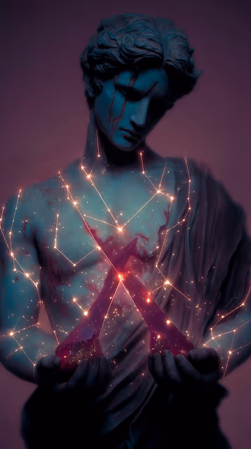Surreal digital art of a classical statue weeping red tears, with glowing constellations on his chest, holding two glowing red shards.