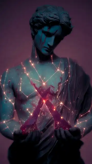 Surreal digital art of a classical statue weeping red tears, with glowing constellations on his chest, holding two glowing red shards.