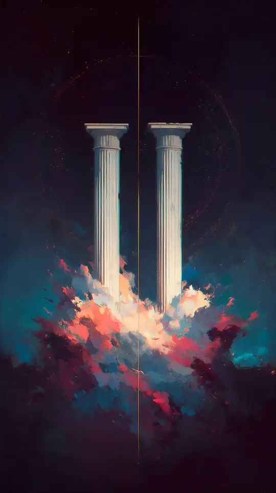 Digital illustration of two classical pillars standing strong side-by-side amidst colourful cosmic nebula clouds, symbolising the enduring bond of friendship.
