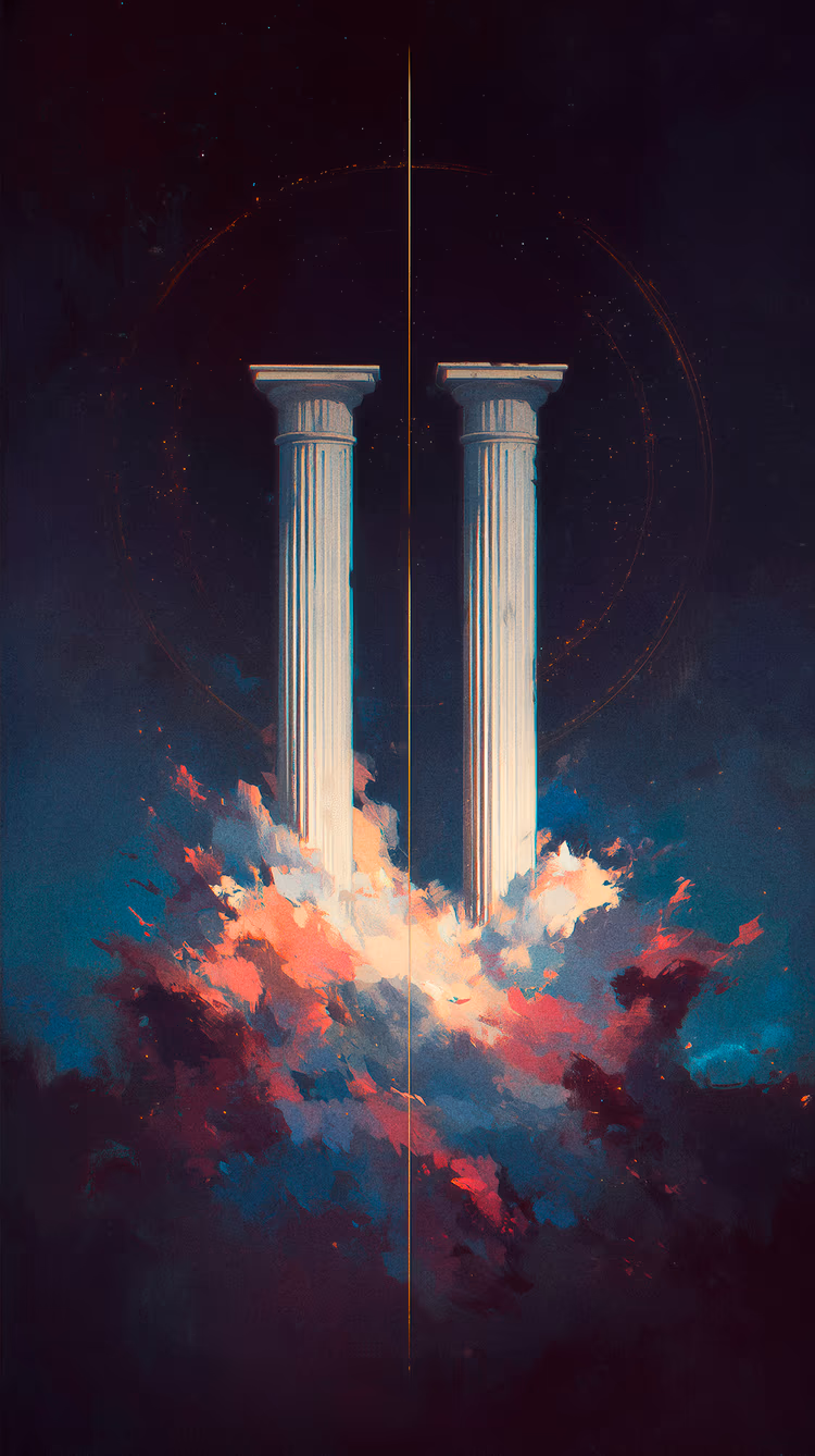 Digital illustration of two classical pillars standing strong side-by-side amidst colourful cosmic nebula clouds, symbolising the enduring bond of friendship.
