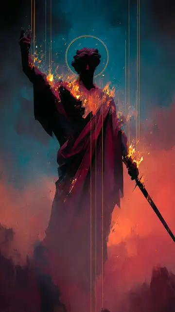 Dramatic digital art of a silhouetted robed figure holding a sword, crowned with a halo and bursting into radiant golden flames.