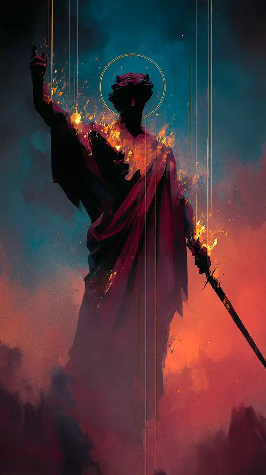 Dramatic digital art of a silhouetted robed figure holding a sword, crowned with a halo and bursting into radiant golden flames.