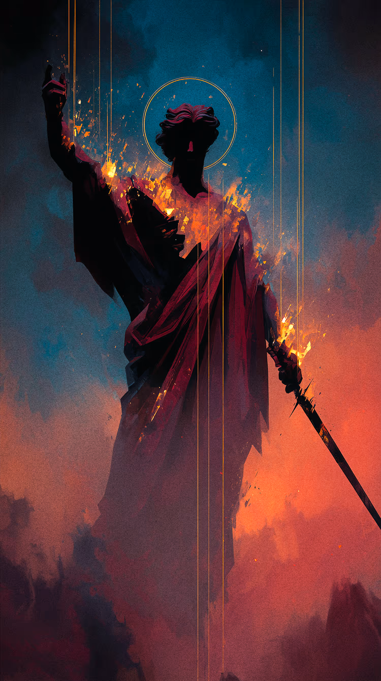 Dramatic digital art of a silhouetted robed figure holding a sword, crowned with a halo and bursting into radiant golden flames.