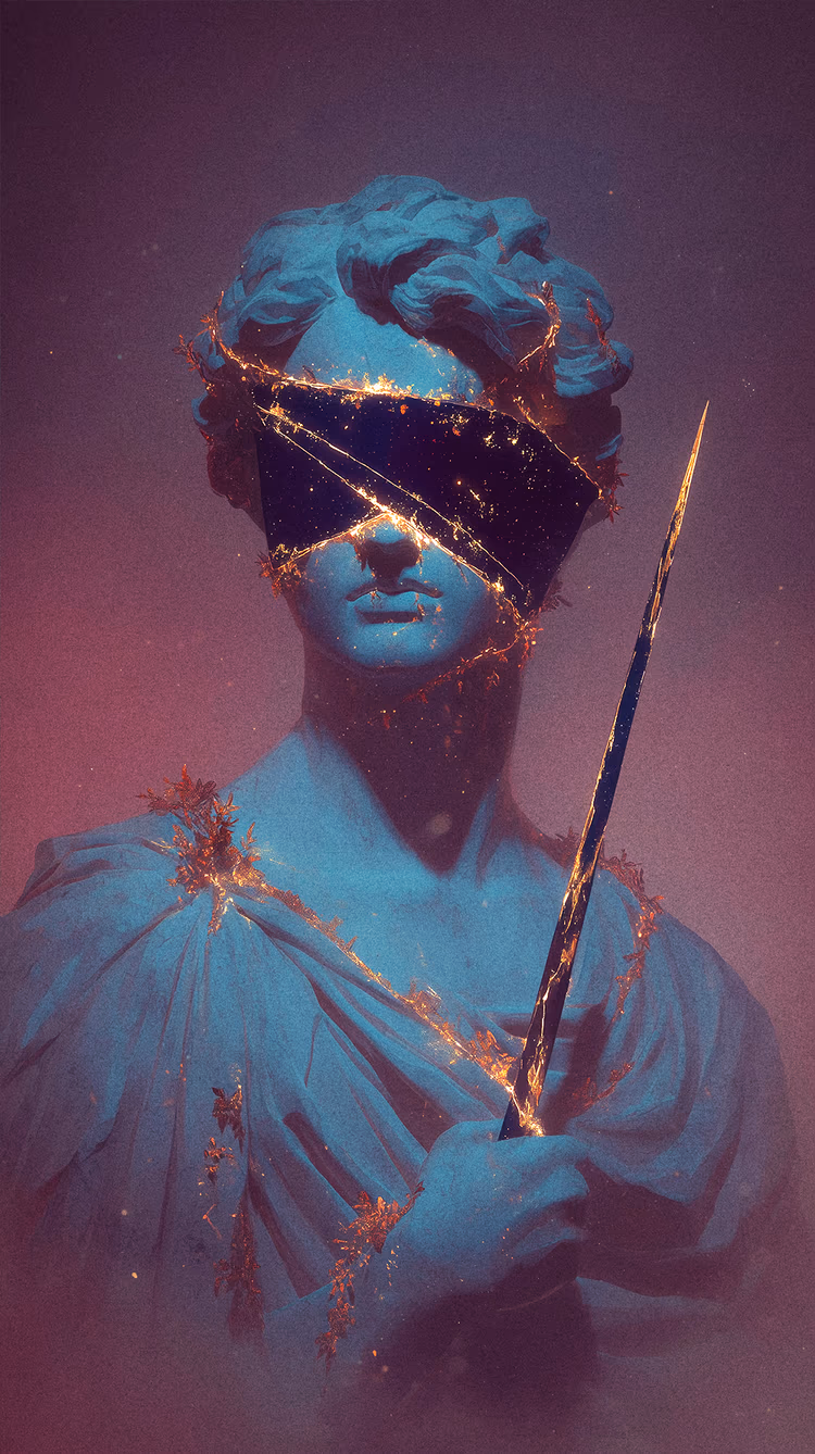 Abstract digital art of a blue classical statue blindfolded by a starry cosmos. Glowing golden cracks and a slender spear convey fearless truth.
