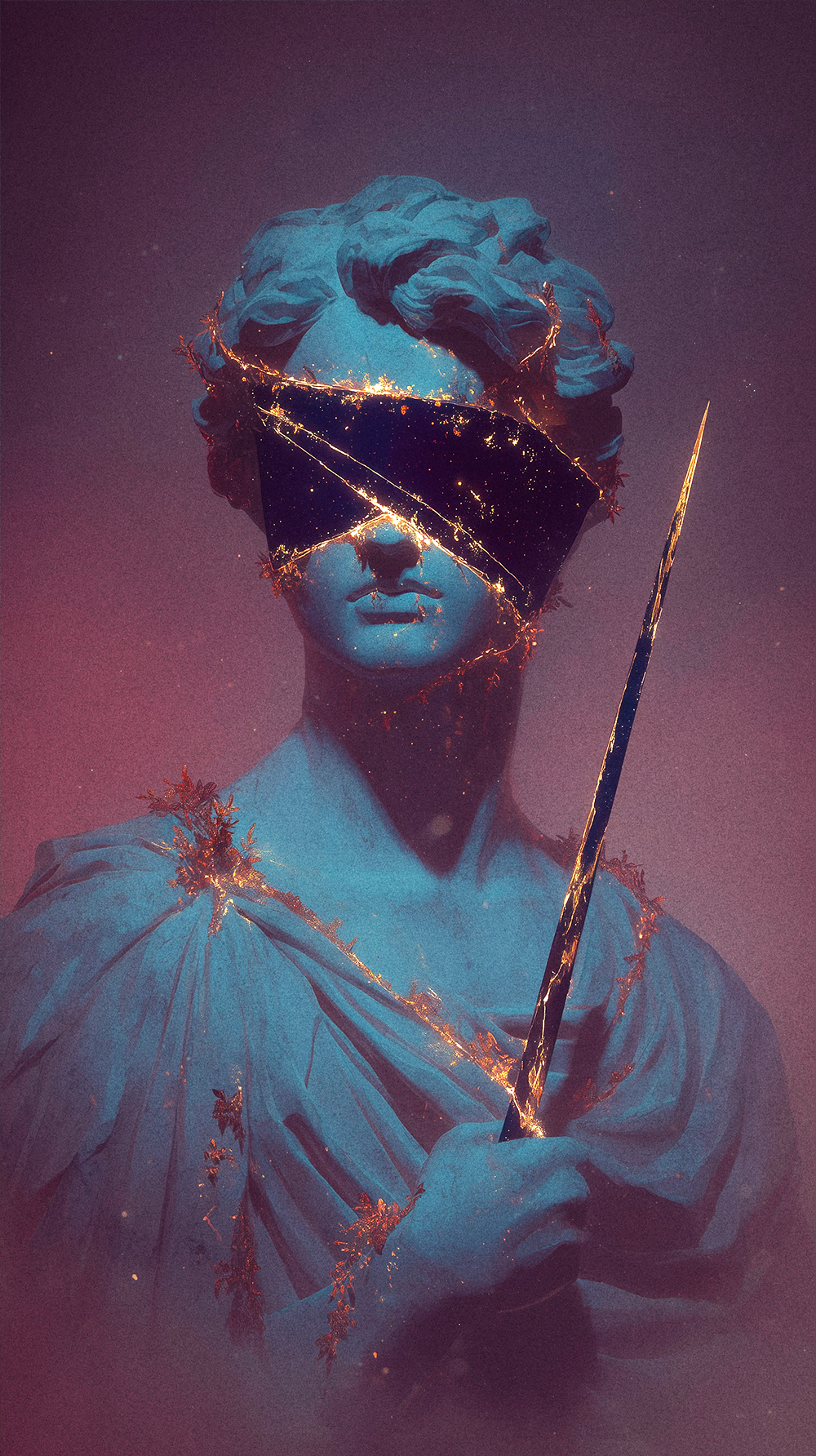 Abstract digital art of a blue classical statue blindfolded by a starry cosmos. Glowing golden cracks and a slender spear convey fearless truth.