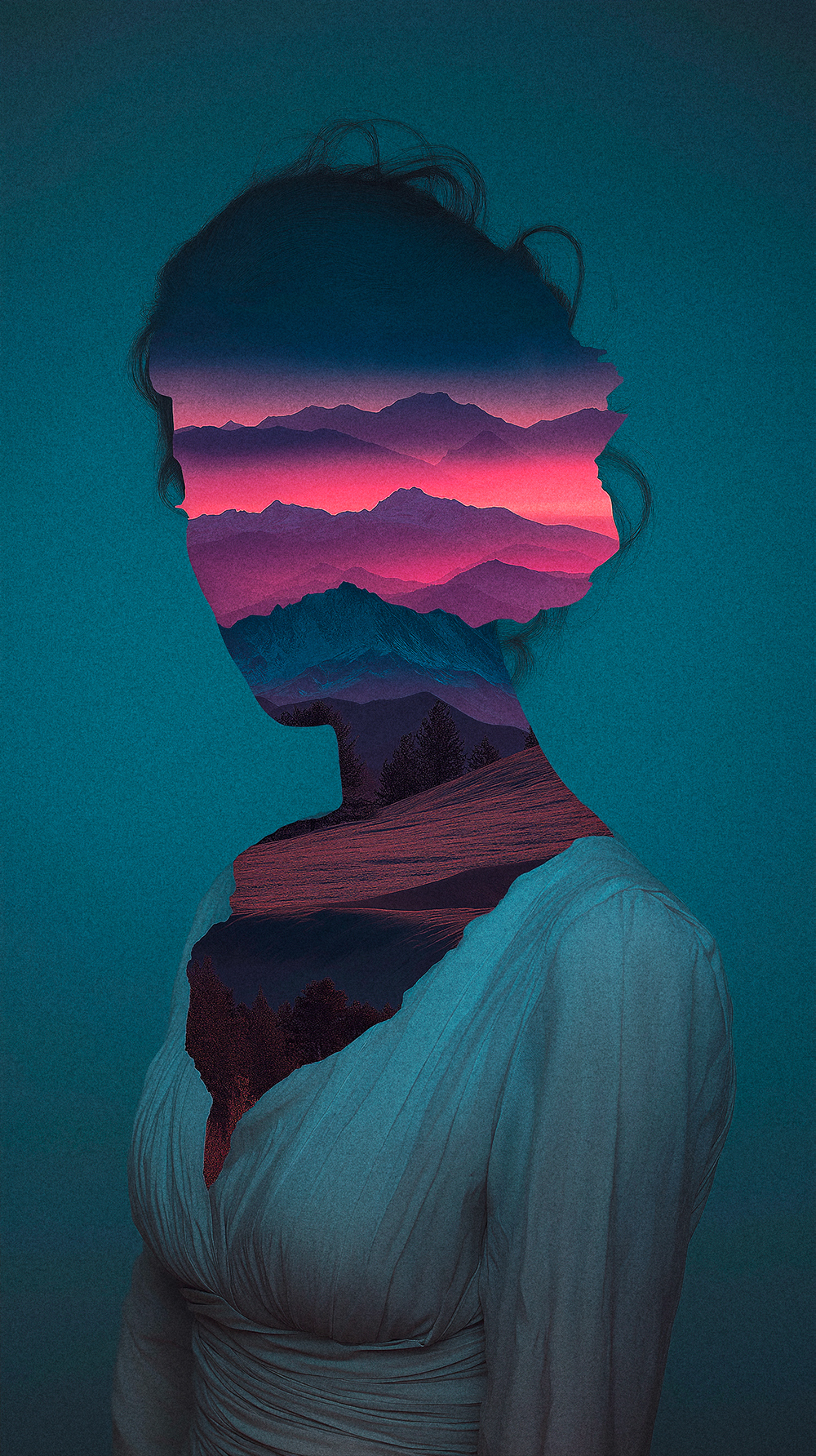 Double-exposure digital art featuring a woman's silhouette filled with a serene, colourful mountain sunset landscape, illustrating the concept of truly seeing another person.