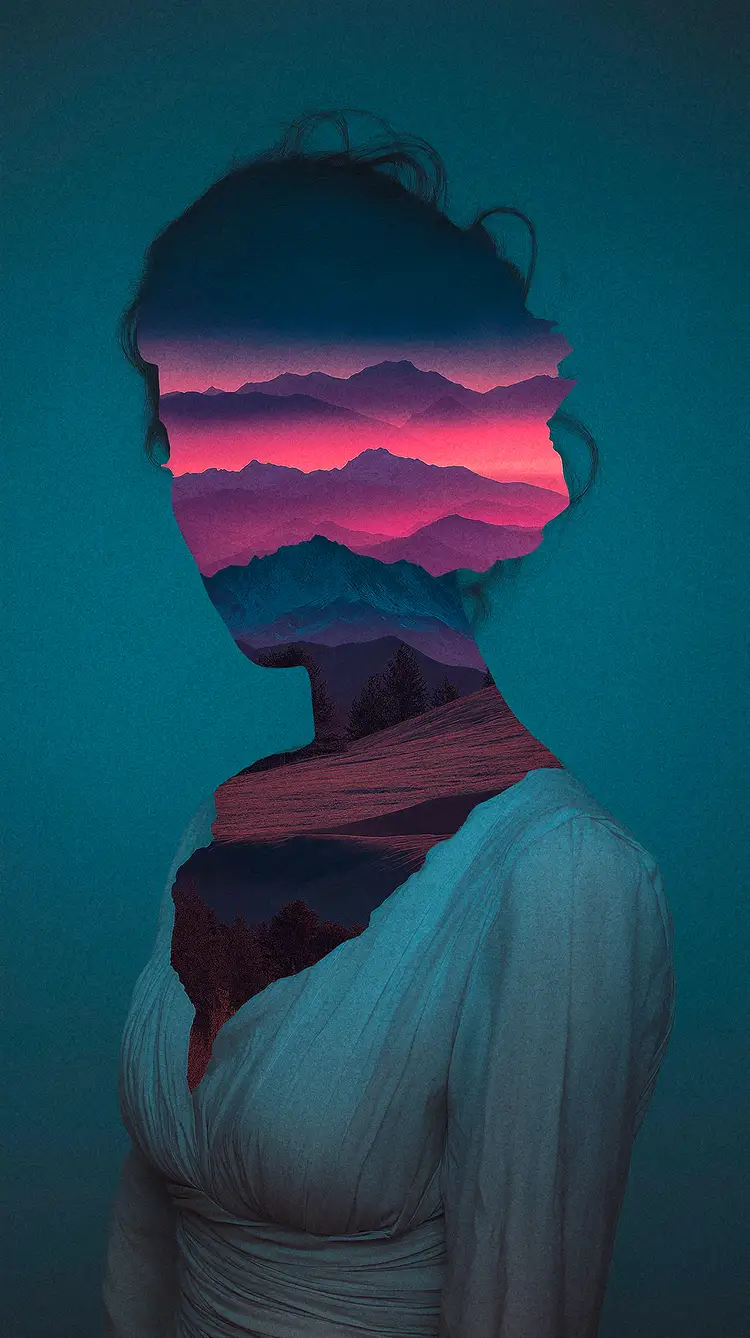 Double-exposure digital art featuring a woman's silhouette filled with a serene, colourful mountain sunset landscape, illustrating the concept of truly seeing another person.