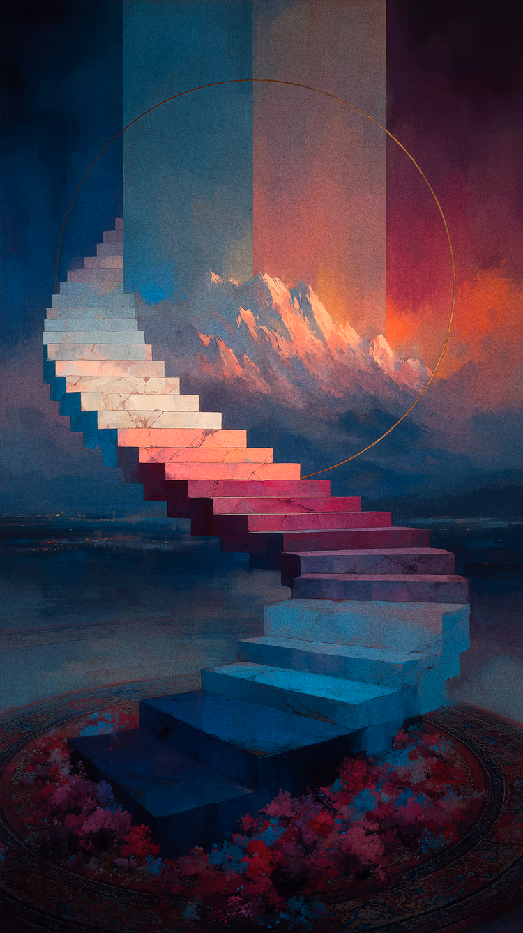 Ethereal digital art of a spiralling stone staircase leading to glowing, sunset-lit mountains framed by a golden halo, set against a moody deep blue sky.