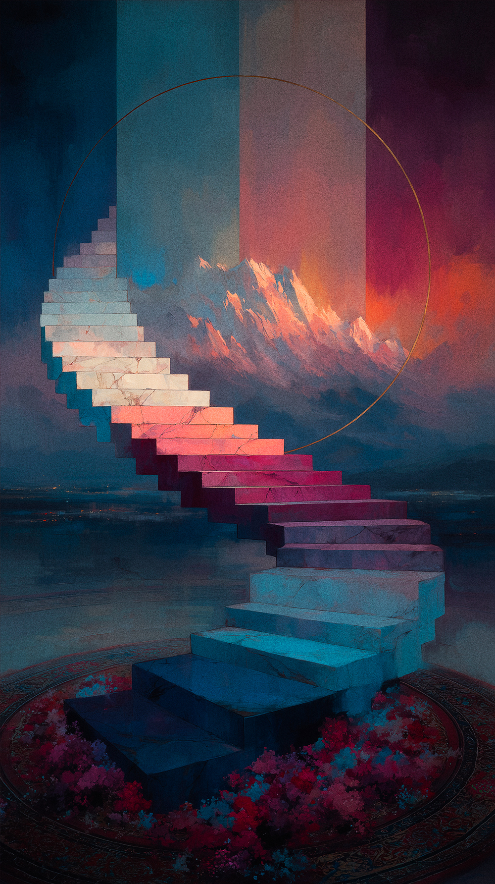 Ethereal digital art of a spiralling stone staircase leading to glowing, sunset-lit mountains framed by a golden halo, set against a moody deep blue sky.