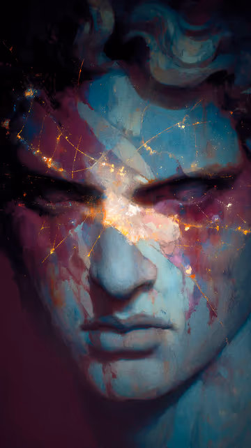 A dramatic digital portrait of a classical stone bust in deep blue and purple hues. The face is fractured, revealing glowing, starry cosmic light from within.