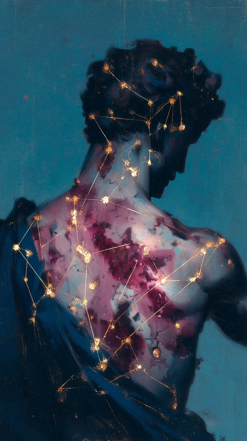 A dramatic digital portrait of a classical stone bust in deep blue and purple hues. The face is fractured, revealing glowing, starry cosmic light from within.