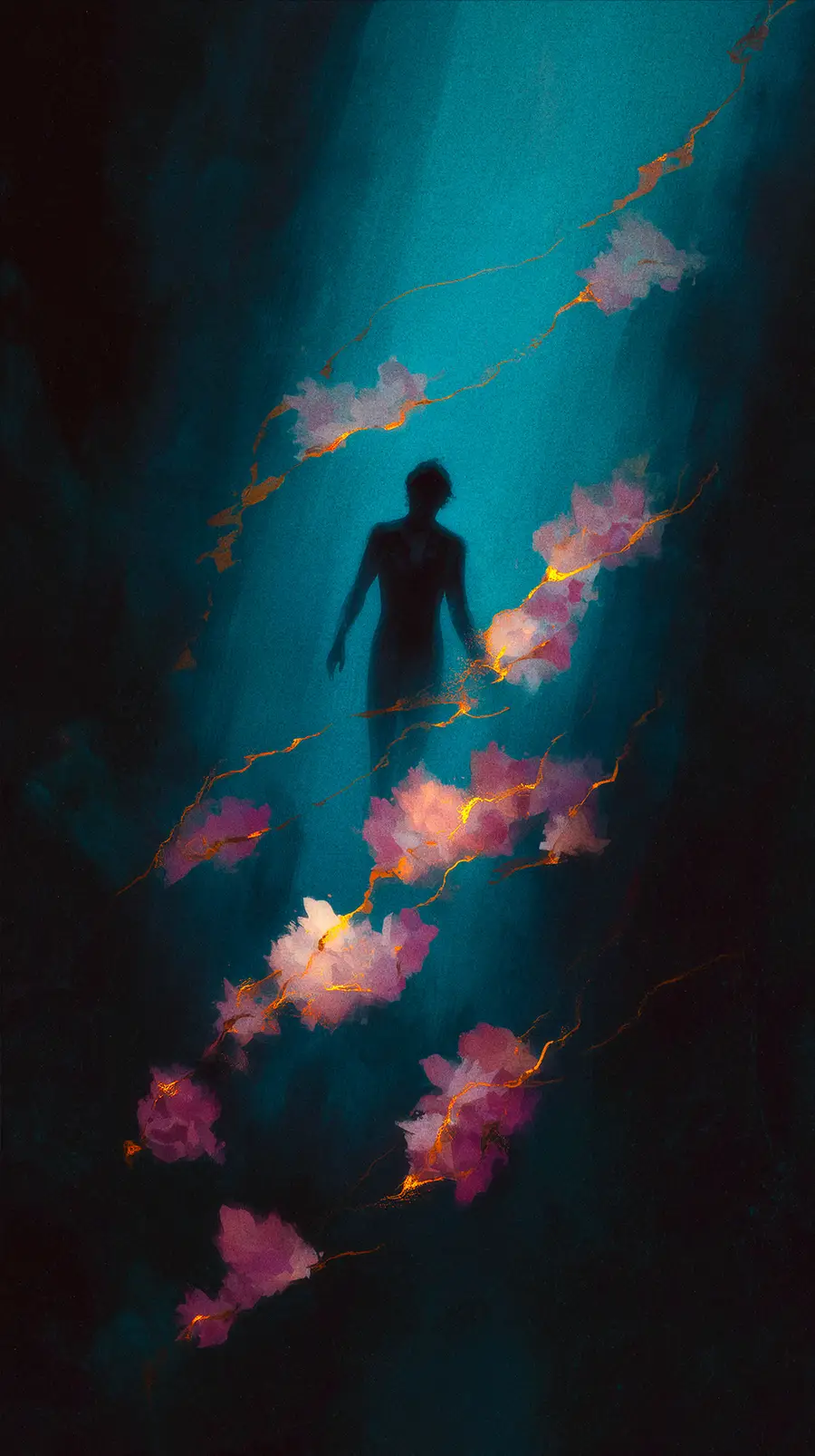 A figure standing in shallow water beneath a vast dark sky, discovering solid ground beneath imagined depths.