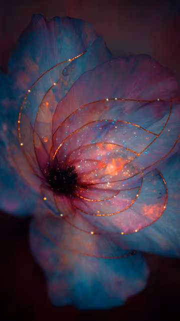 A close-up digital artwork of a translucent, ethereal flower. The petals blend teal and magenta, highlighted by delicate gold threads and cosmic sparkles.