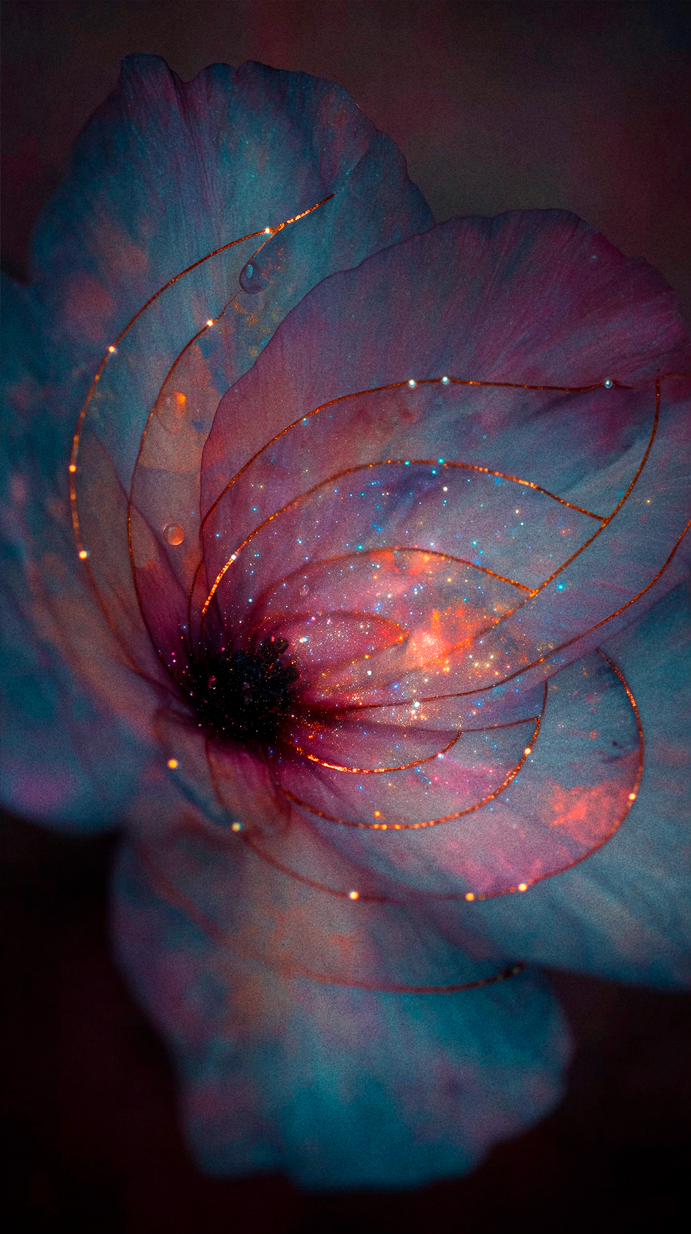 A close-up digital artwork of a translucent, ethereal flower. The petals blend teal and magenta, highlighted by delicate gold threads and cosmic sparkles.