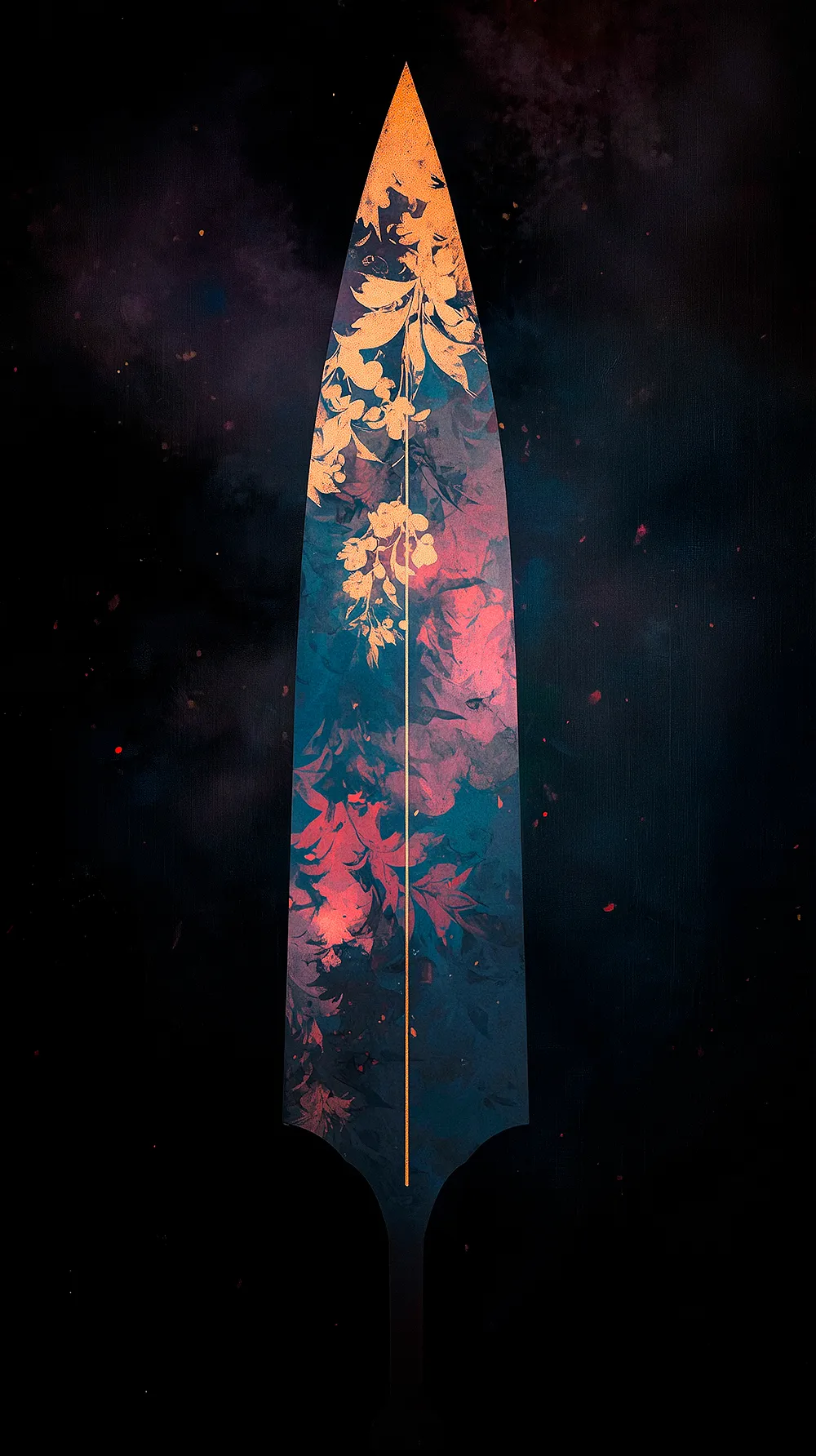 A surreal digital illustration of a broadsword silhouette against a dark, starry background. The blade reveals a glowing floral pattern in vibrant peach and teal.
