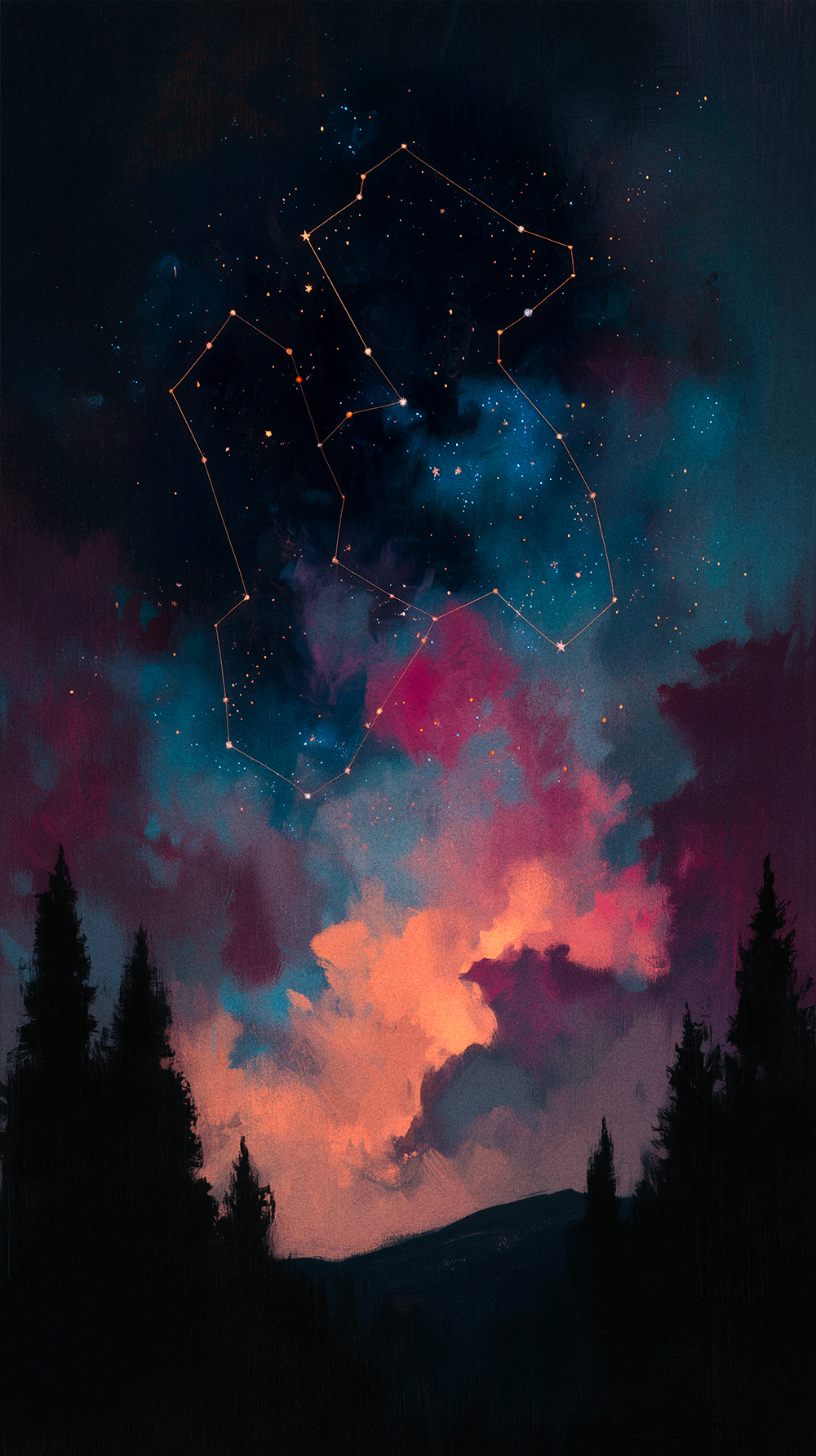 Silhouettes of a pine forest beneath a night sky bursting with a colourful nebula of deep blue and fiery pink. A glowing star constellation connected by bright lines overlays the clouds.
