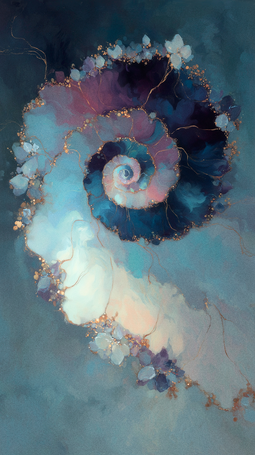 Digital painting of an abstract nautilus shell in teal and purple. Golden fractures and crystal edges symbolise strength formed through adversity.