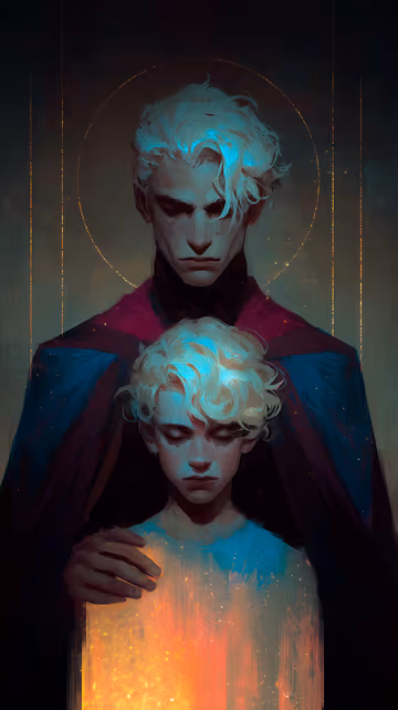 A moody digital painting of two figures. A taller, shadowy figure with a glowing halo stands behind a younger figure who radiates bright golden light from within.