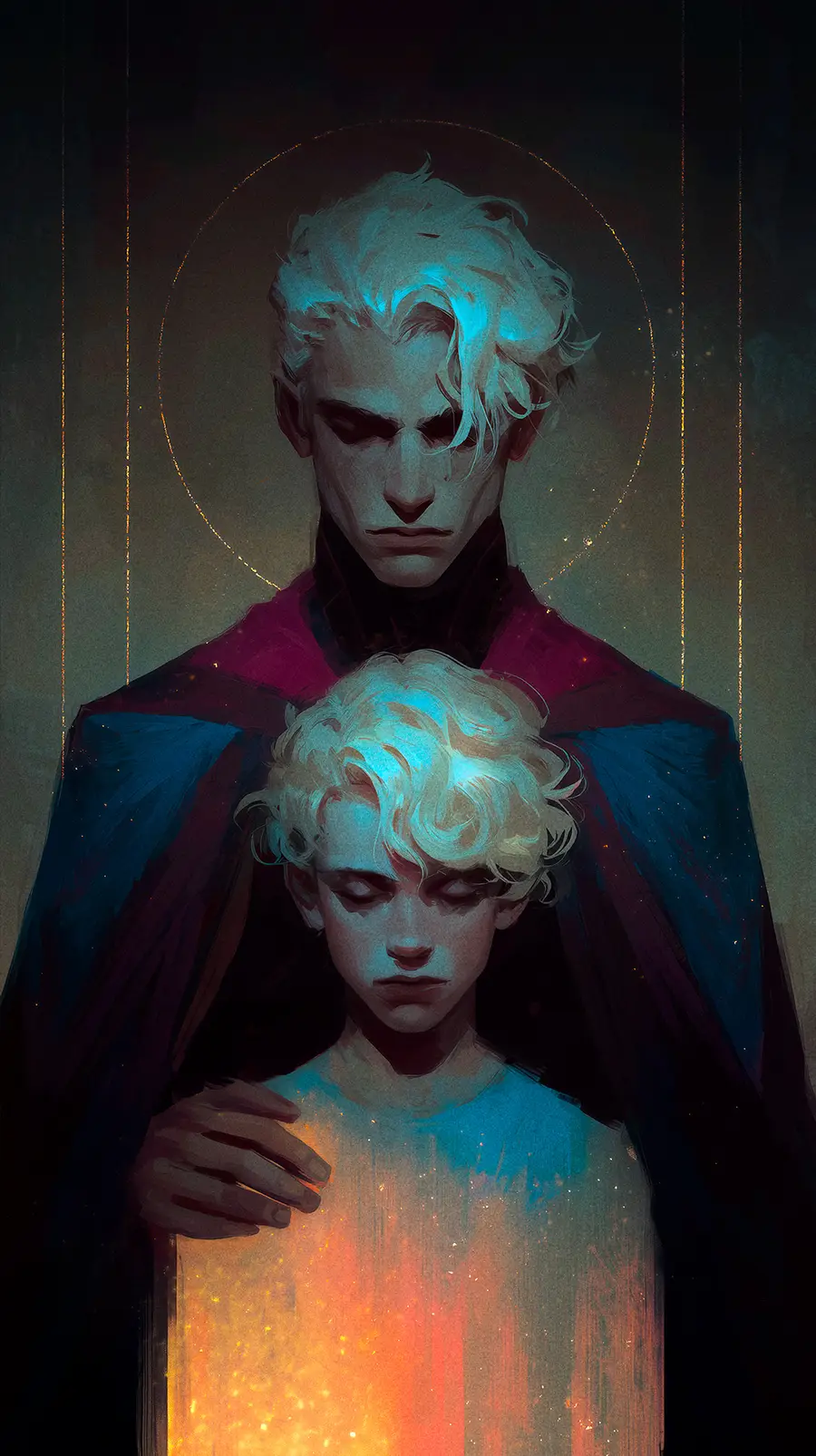 A moody digital painting of two figures. A taller, shadowy figure with a glowing halo stands behind a younger figure who radiates bright golden light from within.