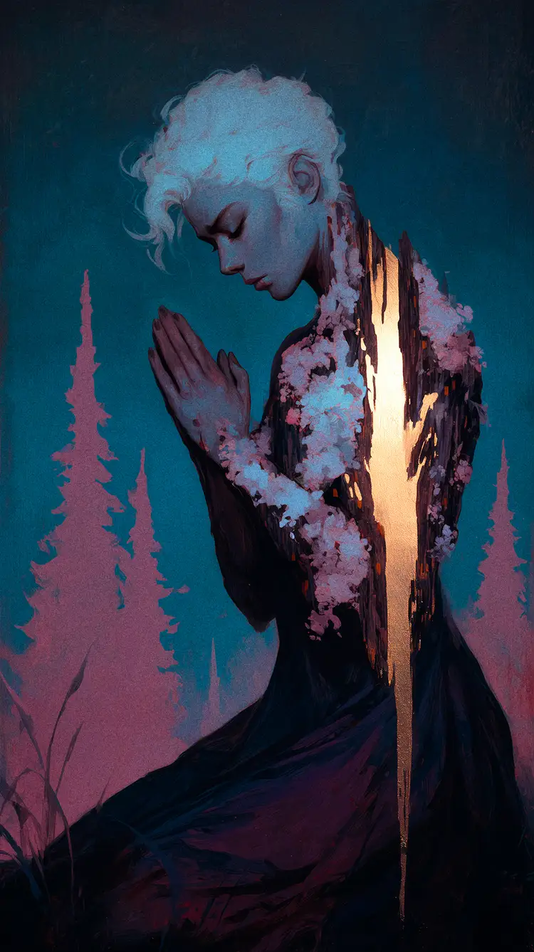 A stylised digital painting of a pale figure in profile, hands clasped in prayer. A jagged fracture down their back reveals bright golden light in a dark forest.
