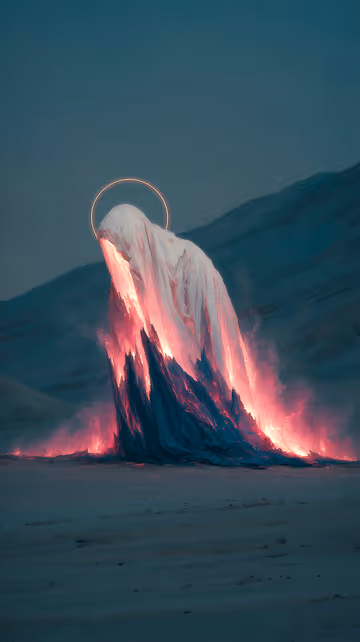 A surreal digital painting of a draped, faceless figure in a desolate landscape. The figure wears a golden halo, its base transitioning into glowing, fiery magma.
